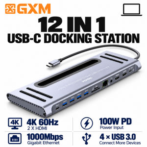 GXM 12-in-1 USB-C Hub Docking Station Dual HDMI 4K 60Hz 100W PD Gigabit Ethernet USB 3.0 SD/TF Card Reader Audio 3.5mm