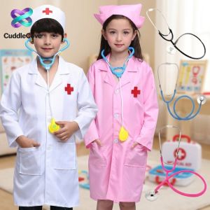 Kids Doctor Nurse Role Play Costume Uniform For Boys Girls Halloween Cosplay Fancy Party Dress Up Wear With Cap For Party Events
