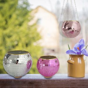HUGHES Chain Hanging Flower Pot Glass Mirror Wood Base Disco Ball  Flower Planter Modern Design Easy To Install Plant Hanger Indoor Plants