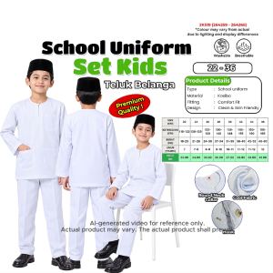 School Uniform Set Kids Teluk Belanga | Baju Melayu Kanak-Kanak | White School Uniform | Round Neck | Size 22–36