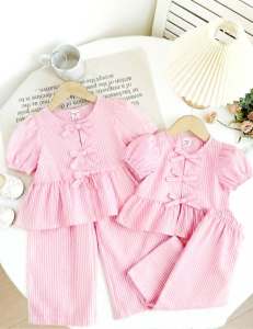 DD Elegant Pink Striped Bowknot Blouse with Flare Sleeves and High-Waist Pants for Women
