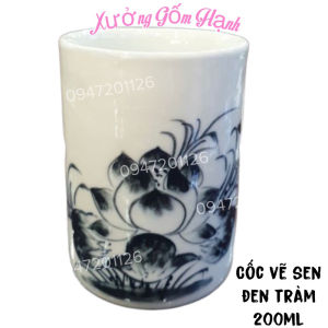 CỐC LY SỨ DÁNG TRỤ VẼ SEN CHÀM 200ml H10 × D7. CỐC SỨ BÁT TRÀNG. Cốc uống nước cốc uống trà xanh
