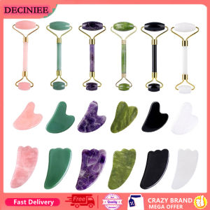 DECINIEE 3 Pcs Natural Rose Quartz Jade Roller Gua Sha Set Facial Body Massager Roller Jade Stone Massage Set Face Lifting Beauty Massage Tools