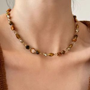 UNIITY Vintage Beaded Chain Necklace Handmade Brown Natural Tiger Eye Stone Trendy High-end Choker Necklace For Women