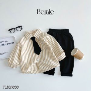 Set bộ sơ mi dài tay áo sơ mi sọc kèm quần kaki dài phối cà vạt cho bé trai 1đến 7t BERNIE T1024B33