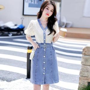 Fashion short-sleeved lace splicing denim dress womens new bubble sleeves waist and thin age-reducing v-neck dress