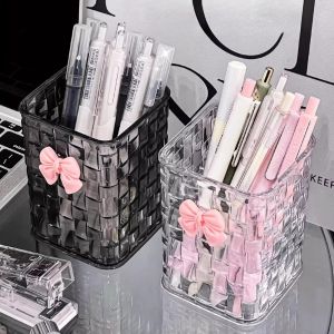 HBESTY 1pc Clear Acrylic Desk Organizer with Bow Accent-Durable Pen Holder and Storage Basket for Office Supplies Pens and Accessories