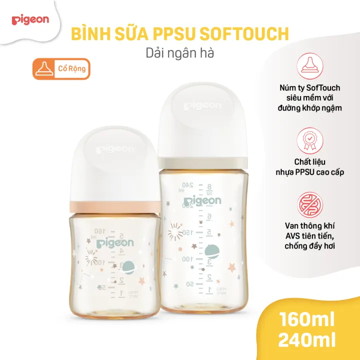 Bình sữa chống đầy hơi Pigeon cổ rộng cho bé sơ sinh núm ti siêu mềm chống sặc cho trẻ 160ml/240ml chính hãng