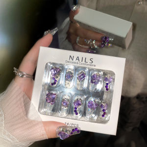 【With Glue】Female Mid-length Fake Nail Purple Diamond Decor Artificial Nail for Women and Girl Party Activity