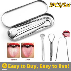 【Fast Shipping】 3Pcs/set Steel Tongue Scraper Metal Brush Dental Kit Tongue Cleaner With Handy Case Kit Tongue Scraper