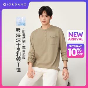 GIORDANO Men T-Shirts Mule Ear Pocket Relaxed Tee Henley Neck Long Sleeve Fashionable Casual T-Shirts 13026610