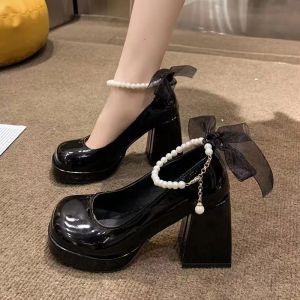 Pearl Square Toe Thick high Heel Single Shoes Women 2023 Korean shoes for women