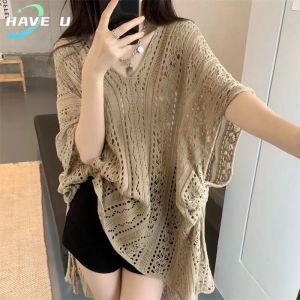 HAVE U Hollow Blouse for Women New Style Short Sleeve Top Summer Beach Cover Shirt