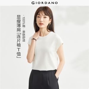 GIORDANO Women T-Shirts 100% Cotton Cap Sleeve Summer Tee Simple Basic Solid Color Mockneck Comfort Casual Tshirts 13323309