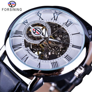 Forsining Men Watches Top Brand Luxury Mechanical Skeleton Watch Black Golden 3D Literal Design Roman Number Black Dial Clock