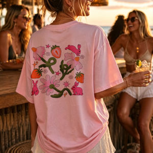 [Local Stock] HBESTY  Whimsical Floral Pattern Pink Rabbits Strawberries Daisies Stars Green Vines Pastel Pink Fit Crew Neck Short Sleeves Cotton Tops