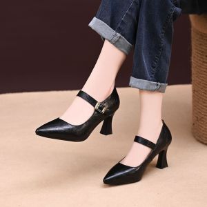 Free Shipping 2026 New Spring Collection: Versatile Shallow-Toe Flats For Women Featuring Soft Leather A Chinese-Inspired Retro Design Pointed-Toe Leather Shoes And Chunky Heels