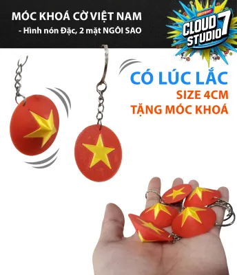 Móc Khoá Cờ Việt Nam In 3D – Hình Nón Ngôi Sao Vàng 2 MẶT Size 4cm Có lúc lắc bi sắt