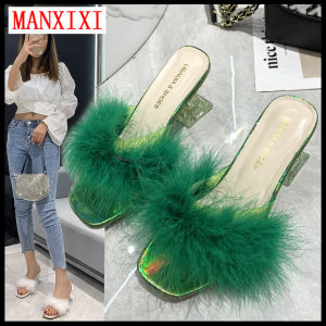 MANXIXI รองเท้าส้นสูงแฟชั่นสำหรับผู้หญิงรองเท้าแตะขนนกเซ็กซี่สวยงามขนาด2.36นิ้วไซส์36-43