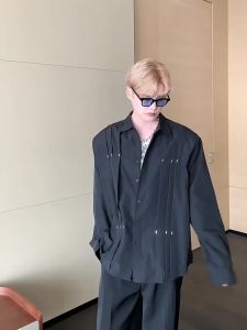Pure Color Simple Korean Style Shirt Loose Style Fashion Trendy Long Sleeved Shirt For Men Ruffled Personality High-End Sense Padded Shoulder Shirt For Men㏇X0417
