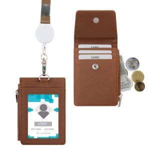 Multipurpose Lanyard ID Badge Holder PU Leather Zipper Pocket with 4 Card Slots for Offices School Credit Cards Identification Badges Supplies Holders