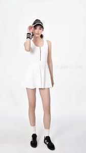 Womens Comfortable Dress 1 Piece Sports Skirt with Shorts inside and Zipper Design for Tennis Running Fitness Badminton