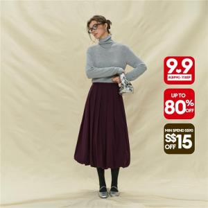 Giordano Women Woven Pleated Midi Skirt with Straight Waistband Free Shipping 18465703