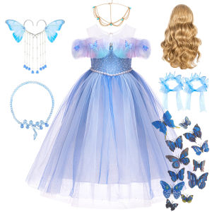 Princess Dress Cinderella Girls Butterfly Applique Off Shoulder Gown Halloween Classic Cosplay Costume Kids Luxury Tulle Sets