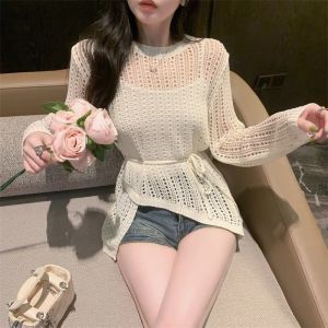 TTQQ Womans Irregular Hollow Knit Sweater Temperament Blouse Top