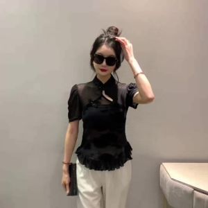 Ammin Áo phông ngắn tay cài cúc cổ điển mùa hè 2024 Áo Blouse thanh lịch khâu lưới cổ áo khoét lỗ đính cườm xách tay Thời trang cho nữ
