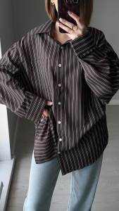 Loose Striped Shirts Women Brown Long Sleeve Batwing Shirt Office Wear Woman Oversized Blouses For Woman Elegant Blue Shirts