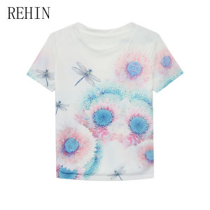 REHIN High Elastic Mesh Short Sleeve T-Shirt Summer Fashionable Printed Round Neck Slim Fit Elegant Womens Top