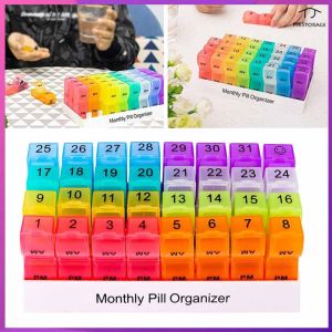 HKStorage รายเดือน Pill กรณี Travel Dispen คอนเทนเนอร์ที่มีสีสัน Medicine Dispenser บรรจุคอนเทนเนอร์32สล็อต Pill Box Organizer 31วัน":