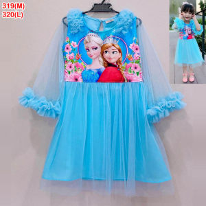 2-8ขวบ เดรสเจ้าหญิงเอลซ่า ไหล่แมงกะพรุน แต่งปลายแขนระบายฟรุ้งฟริ้ง เดรสเด็กผู้หญิง เสื้อผ้าเด็กผู้หญิง เสื้อผ้าเด็กผญ ชุดเด็กผญ [319]
