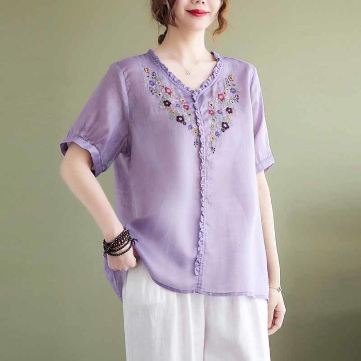 Vintage Loose Tops Ladies Casual V-neck Cotton Floral Embroidery