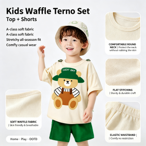 AILEBE Kids Sets A Class Waffle Terno Short Sleeve Top Shorts Set Soft Elastic All-Season Wear Comfy Pambahay OOTD For Baby Boys 0-4 Years