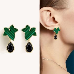 GL 18K gold Korean Fashion temperament Crystal evergreen leaves design Earrings ES6908