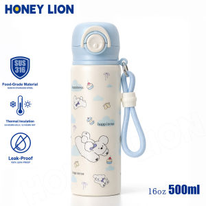 Premium 316 Medical Grade Flask 500ML - Anti-Choke Kids Straw Bottle - 12H Cold/6H Hot Thermal Jug with Soft Lanyard for Strollers- HoneyLion