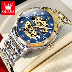 OLEVS Automatic Watch For Men Original Waterproof Swiss Mechanical Movement Luxury Business Hollow Diamond Dial Luminous Sapphire Mirror