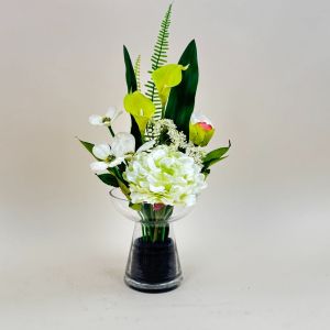 แจกันดอกไม้ประดิษฐ์ จัดโทนสีเขียวครีม ดอกไม้ปลอมตกแต่งบ้าน