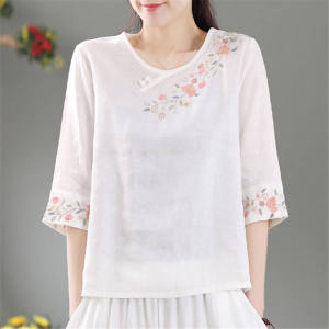 LUCKIN STORE Summer New Chinese Style Button Embroidery Shirt for Women Artistic Retro Cotton Linen 3/4 Seven Sleeve Top for Women