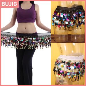 BUJIG ผ้าพันสะโพกสำหรับเต้นระบำหน้าท้องประดับเลื่อมพู่ห้อยผ้าคาดเอวสำหรับเต้นแจ๊สผ้าคาดสะโพกประดับเลื่อมเสื้อผ้าสำหรับการแสดงเต้นรำแบบอินเดีย
