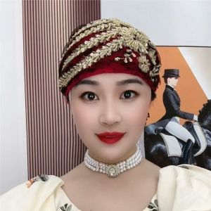 FLYING Thêu hoa Mũ turban Đàn hồi Bảo hiểm toàn diện Mũ Bonnet Che phủ tóc bạc Mũ sau sinh