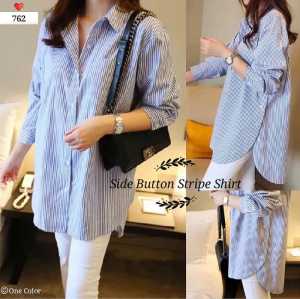 762 SIDE BUTTON STRIPE SHIRT / Tunik kemeja Bahan katun salur blouse realpict fit to L besar