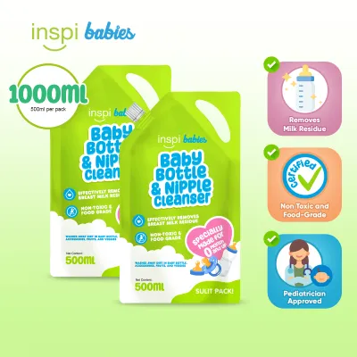 INSPI Babies Baby Bottle & Nipple Cleanser for Babies Refill Pack of 2 (500ml each) - made with natural ingredients certified non-toxic and food grade - free shipping essentials bundle