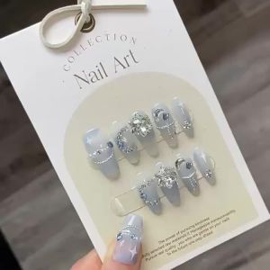 [HANDMADE]Artificial Nail Snowflake Broken Diamond Crystal Haze Blue Phototpy Nails Reusable and Removable Nails