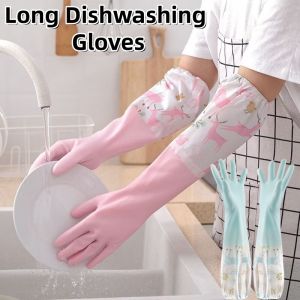 Long Dishwashing Gloves Gloves with Elastic Band Laundry Kitchen Cleaning Waterproof Thick Latex Rubber Gloves Washing Clothes Kitchen Cleaning Durable Household Gloves for Women Long Sleeve