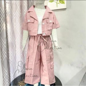 Setelan linen anak perempuan 3 IN 1 celana cargo usia 2 - 10 tahun bahan linen mix crinkle import variasi kantong depan set fuji set anak korea terbaru - COD