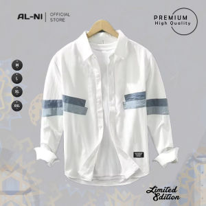 ALNI OFFICIAL STORE - Kemeja Pria Lengan Panjang Premium Hitam/Putih dengan Motif Garis