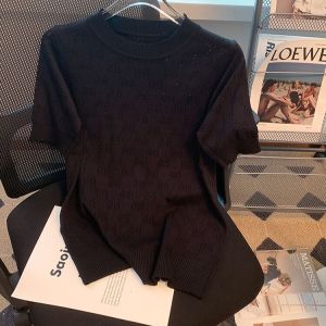 LUCKIN STORE Áo Thun Tay Ngắn Cổ Chữ V Cho Nữ Áo Kiểu Dệt Kim Cổ Bẻ Cho Nữ Áo Lụa Băng Dáng RộNg Áo Cổ Búp Bê Mùa Hè Mới 2026